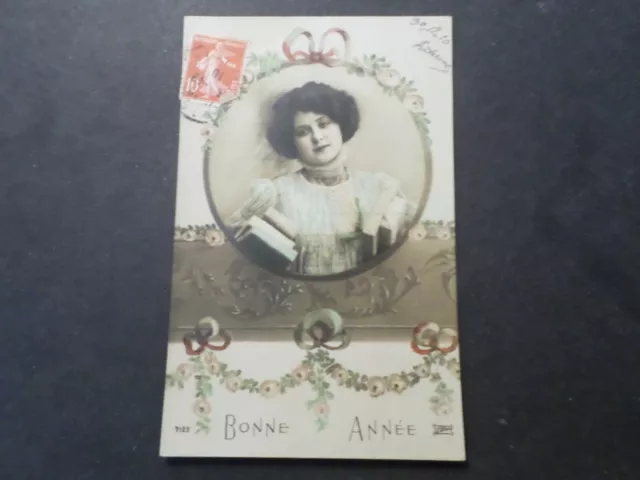 CPA CARTE POSTALE 1911 BONNE ANNEE jeune FILLE FLEURS, LILAS 7129, VF