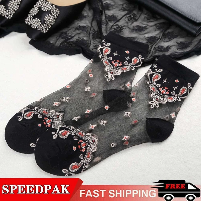 Women Transparent Thin Roses Flower Lace Socks Crystal Socks Short Silk K6M8