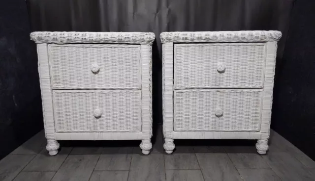 Vintage Pair of White Wicker Rattan 2-Drawer Nightstands Table Boho Chic Cottage