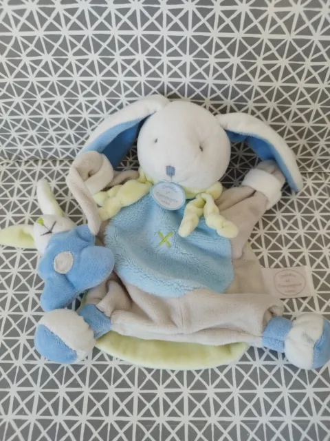 Doudou marionnette lapin vert gris bleu bébé microfibre Doudou et Compagnie