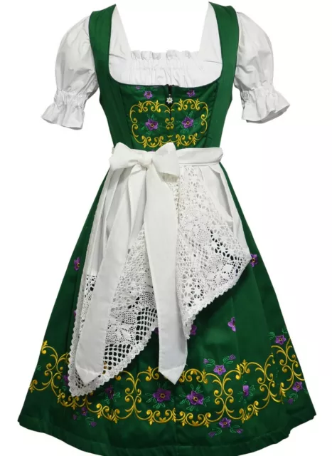 Long German Dirndl Dress XS S M L XL 2XL Green Oktoberfest EMBROIDERED 3 Pc Set