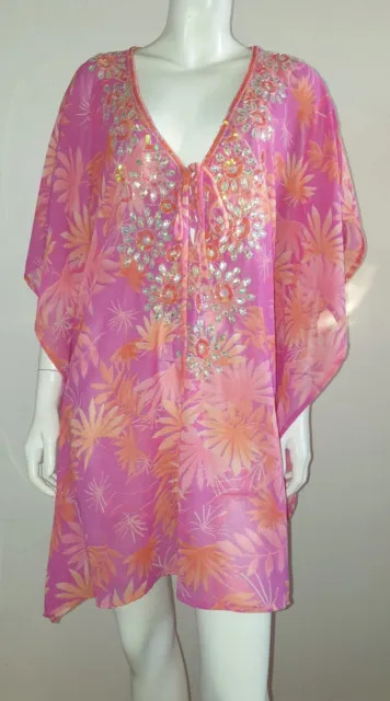 Lucky & Coco Pink Sequin Rhinestone Embellished Kaftan Cover Up Women's Large