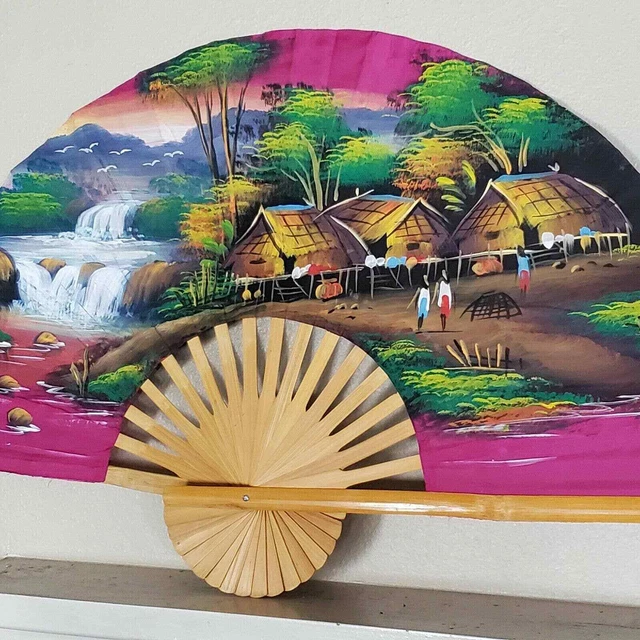 Vintage Asian Thailand Japanese Painted Bamboo Fan Wall ART 39.5" by 24.5"