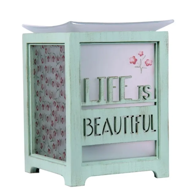 "Life is Beautiful" Full Sized Flowerfull Aqua & Floral Glass Design Wax Warmer