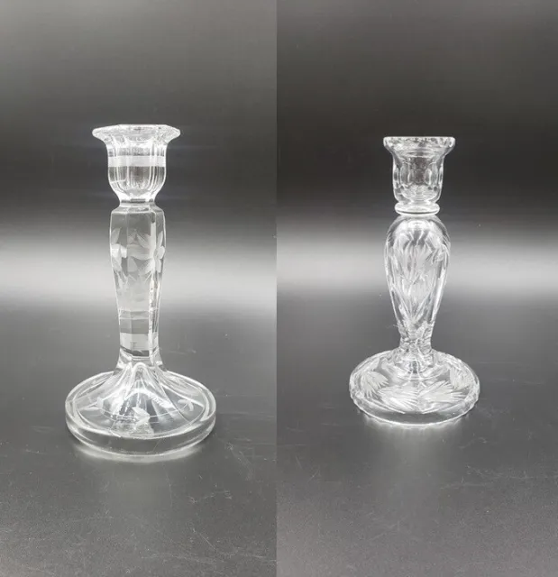 Eclectic Pair of Small Pressed/Crystal Glass Candlesticks Lot of 2