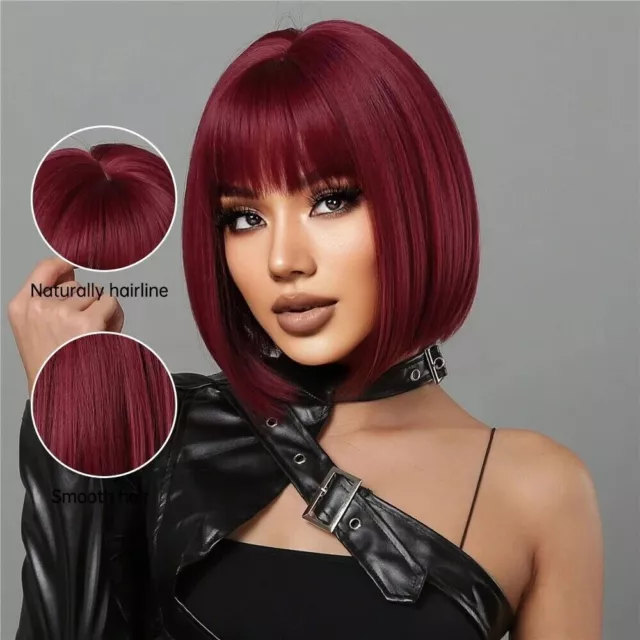 Women Short Synthetic Hair with Bangs Red Bob Hair Straight Wig Daily Wear Wigs