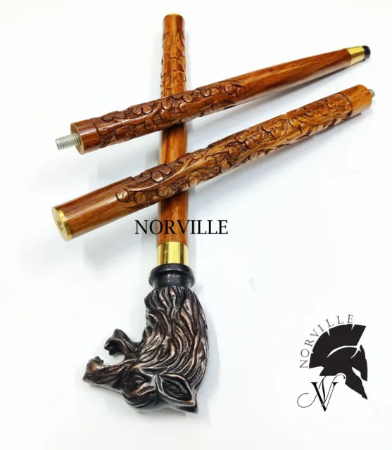 Vintage Fox Brass Handle Antique Stylish Victorian Cane Wooden Walking Stick