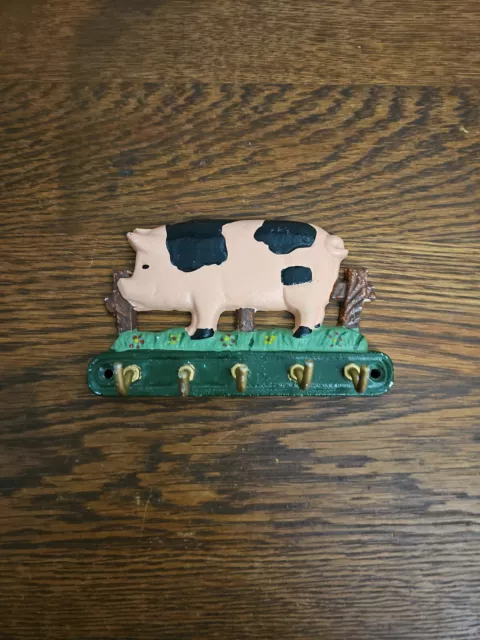 Vintage Cast Iron Pig 5 Key Hooks Hanger Rustic Metal Farmhouse Wall Mount 5.5”