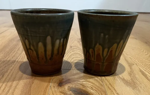Pottery Drinking Glasses With Rust and Green Drip Glaze 4 Inches Hand Made