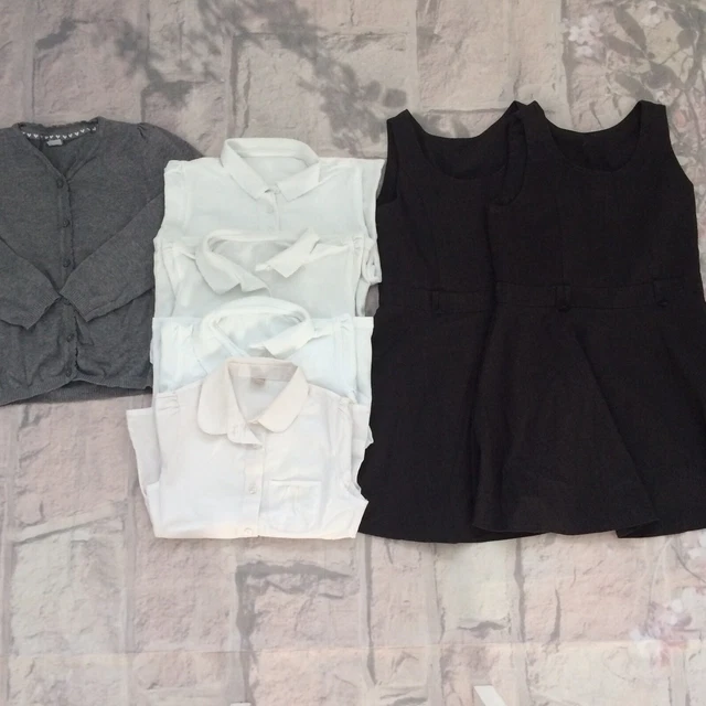 Girls 7-8 Years School Uniform Bundle Grey Pinafore Dress Grey Cardigan T-shirts