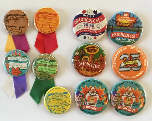 Vtg. 1976-1987 Oktoberfest Pinback Buttons Festmester La Crosse WI Lot Of Eleven