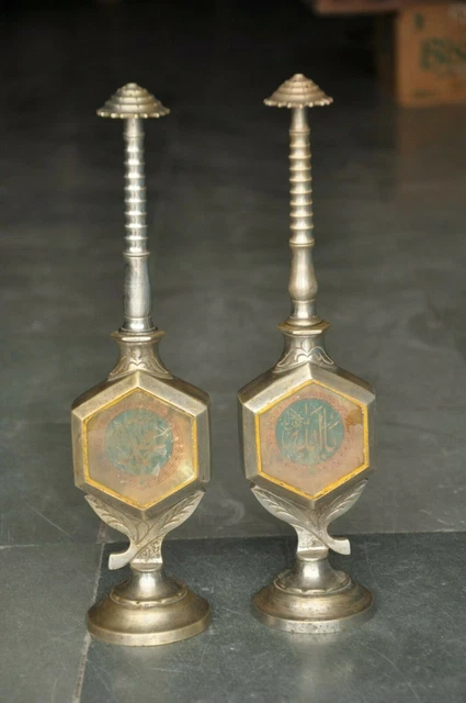 2 Pc Old Brass Mirror Fitted Hexagonal Shape Handcrafted Rose Water Bottles