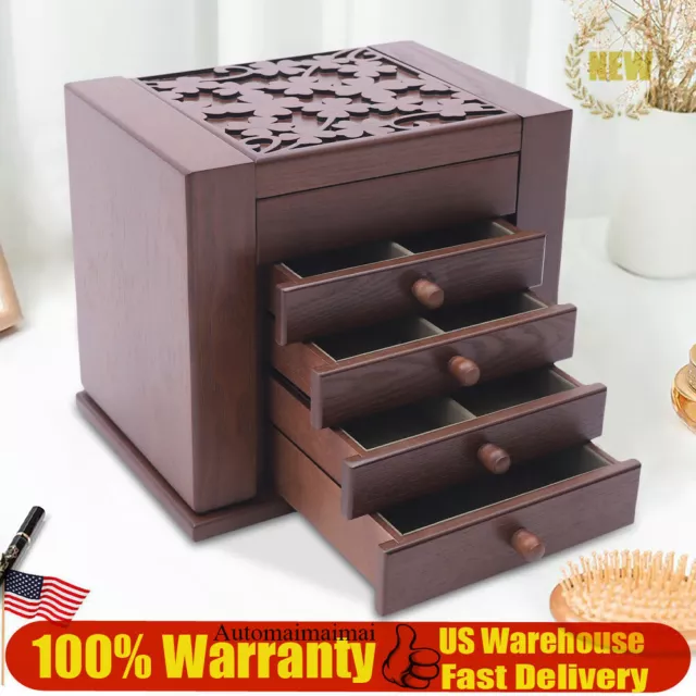 5 Layers Case Vintage Large Jewelry Organizer Wooden Storage Box + 4 Drawers