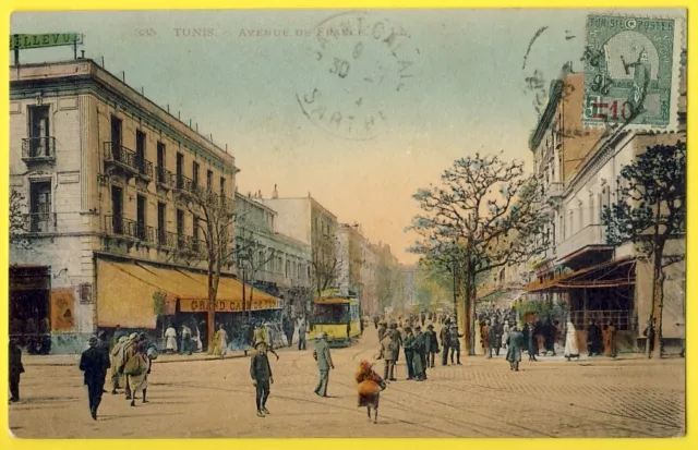 cpa TUNISIA Grand Café de TUNIS BELLEVUE Avenue de France Animated TRAMWAY Stamp