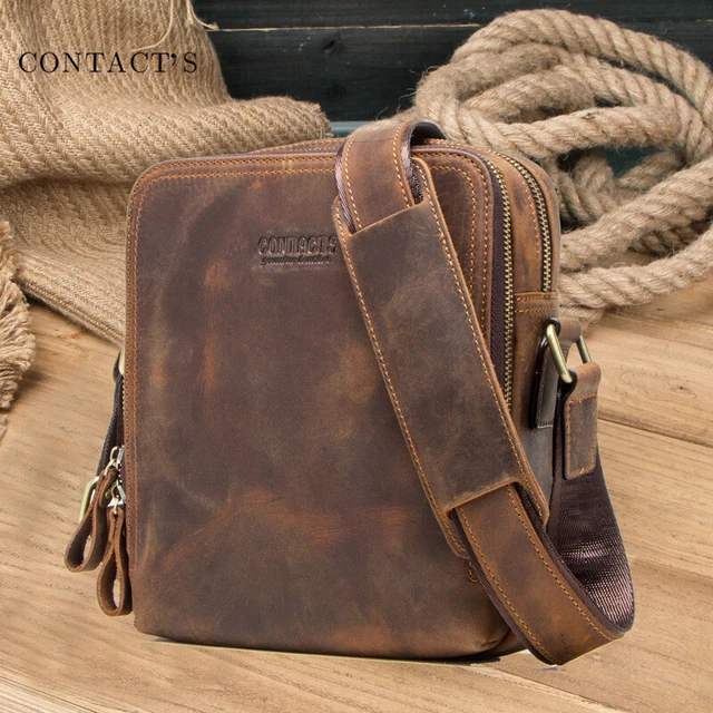 Genuine Leather Men's Messenger Bag Shoulder Bags for 7.9" Ipad Crossbody Bags
