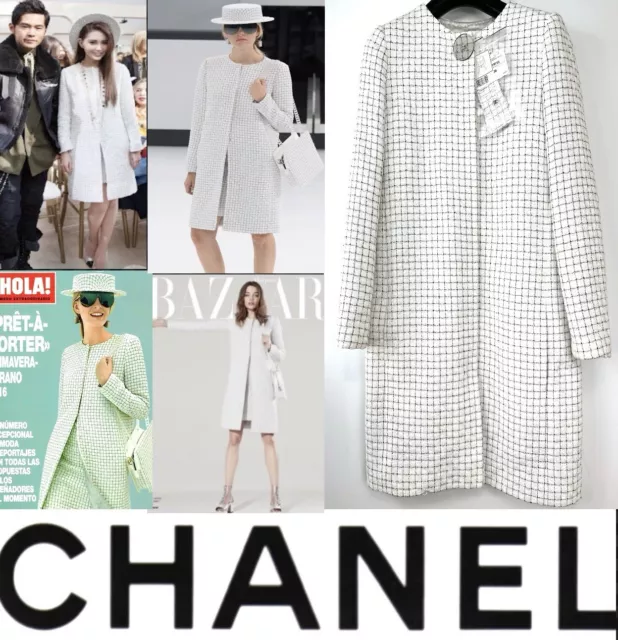 New Chanel 2016 White Black Tweed Long Jacket 34 36 38 2 4 6 Coat 16p S M