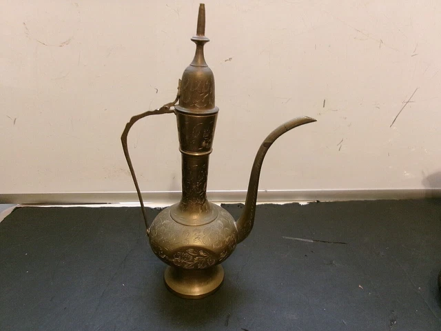 Vintage Brass Pitcher COFFEE/TEA Jug Decanter India 11'' Tall Etched Ewer
