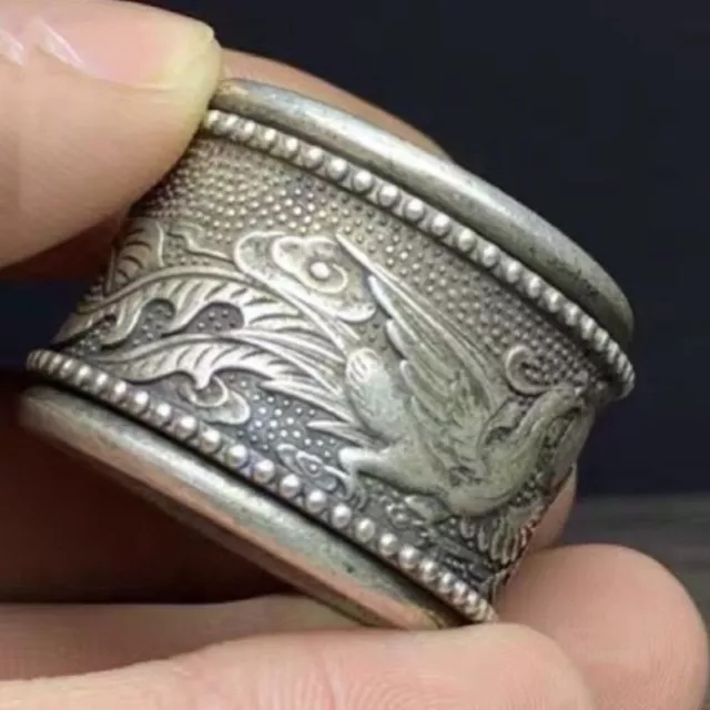 Old Chinese tibet silver handcarved Dragon Phoenix turn Ring Guangxu Mark c535