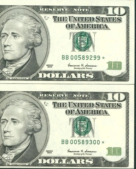(( TWO CONSECUTIVE )) *STAR* $10 1999 Federal Reserve Note ((GEM UNCIRCULATED))