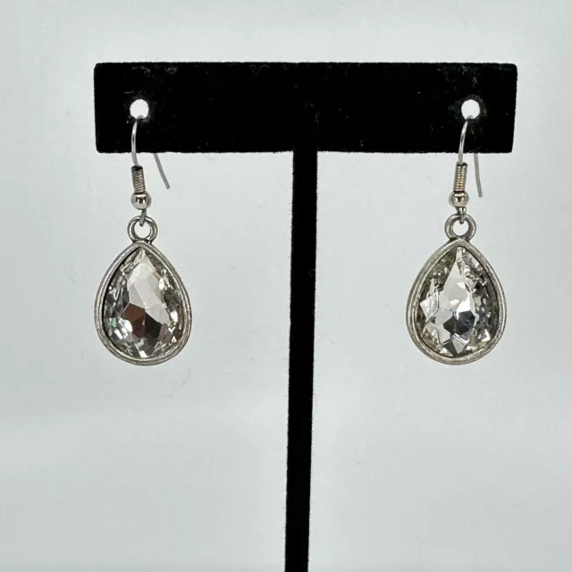 Womens Earrings Statement Rhinestone Tear Drop Silver Tone Dangle Pierced Ear