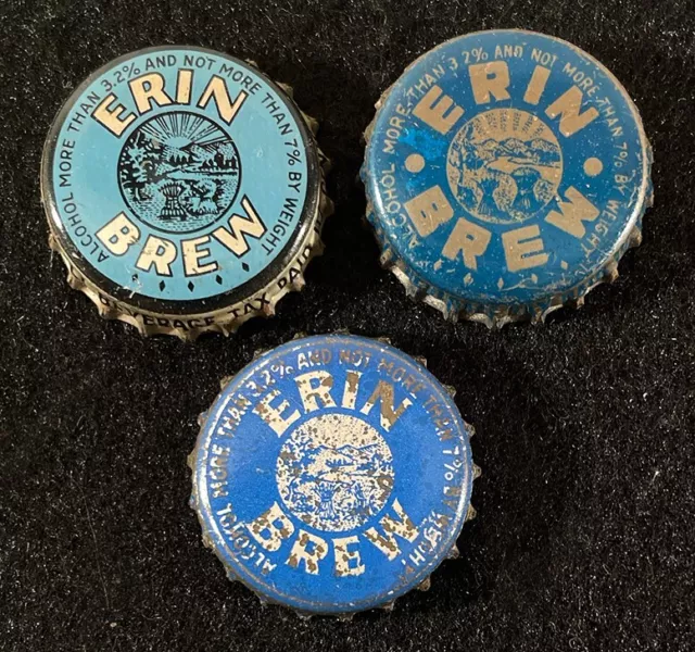 3 Erin Brew Cork Lined Beer Bottle Cap Standard Brewing Cleveland Ohio Crown Old