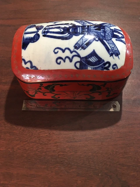 Vintage 19th Century Porcelain Shard Red Lacquer Box