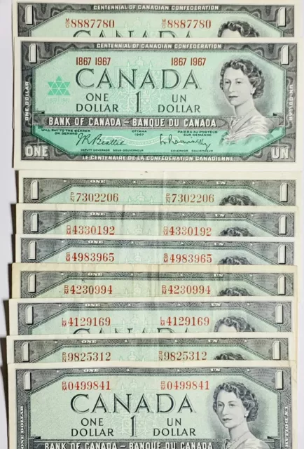 Lot Of 9 Canada One Dollar Banknotes 1954 & 1967 8 Different Prefixes
