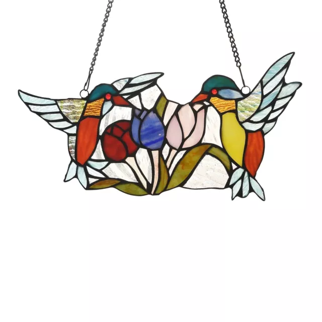 Tiffany Style Hummingbird Duo w/ Tulip Flowers Stained Glass Window Panel