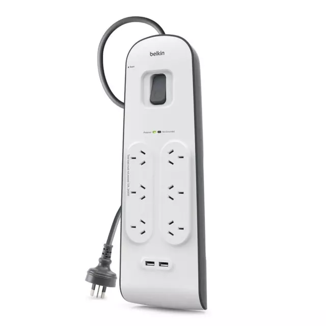 Belkin 6 Outlet Surge Protector w/ 2m Cord, 2 USB Ports (2.4A) BSV604AU2M