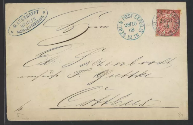 Altdeutschland NDP 1868 Brief EF MiNr. 4 + K1 Berlin Post Exped. 13 KBHW 390