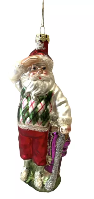 Blown Glass Handpainted Santa Playing Golf 8” Christmas Ornament