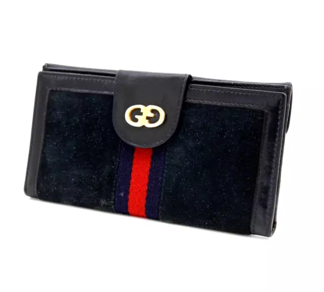 Gucci Vintage Wallet Bifold Long Purse Sherry Suede leather Navy Authentic