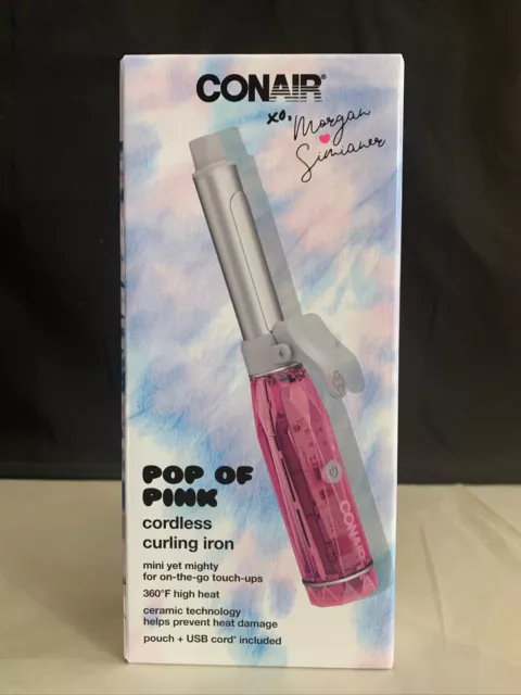 Conair Pop of Pink Cordless Curling Iron with USB Cord & Travel Pouch, New