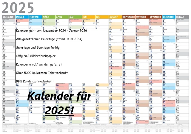 2025 WANDKALENDER DIN A1,A2,A3,A4 Plakatkalender Jahresplaner GEFALTET Planer EUR 2,95 - PicClick DE