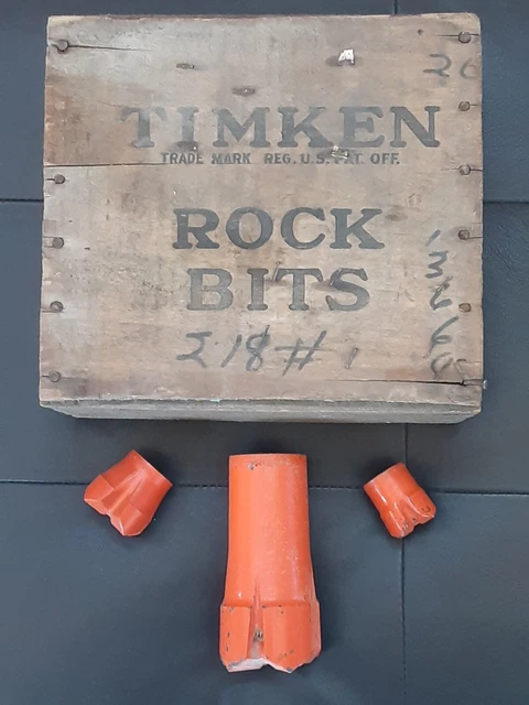 Vintage Wooden Timken Rock Drill Bit Box Colorado Springs + 3 Vintage Rock Bits