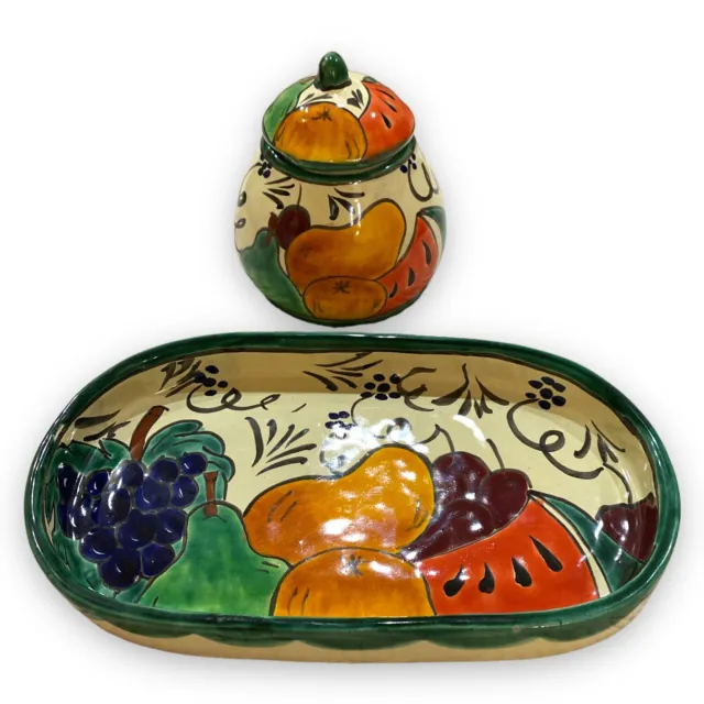 Auténtica bandeja de cerámica mexicana y frasco con tapas con parte inferior firmada