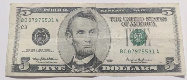 1999 $5 Five Dollar Bill Circulated. C-A Block Philadelphia