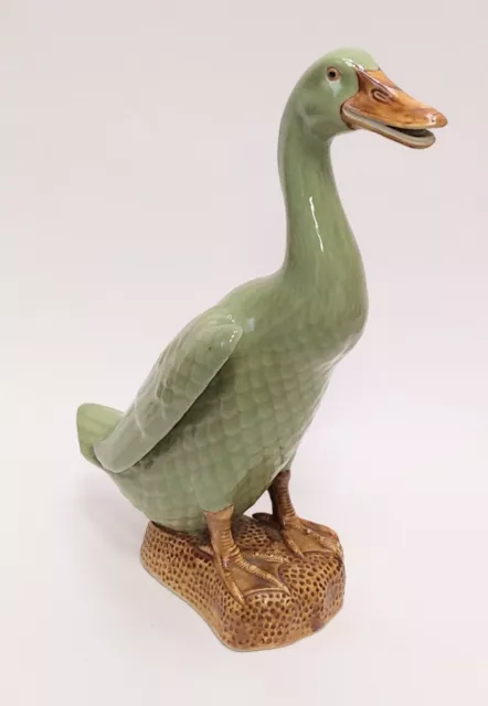 Large Vintage Chinese Ceramic Celadon Standing Duck Figure, Impressed Mark.