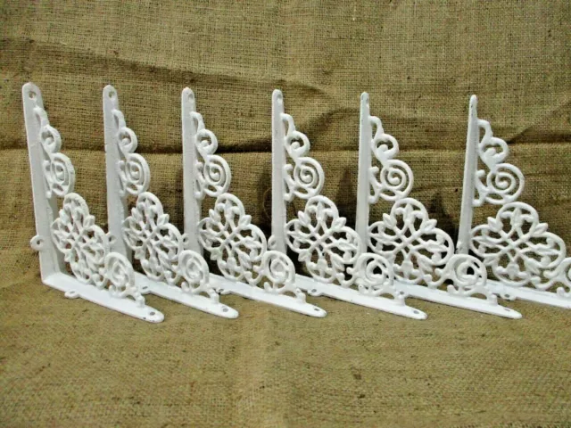 6 Cast Iron Shelf Brackets New Antique Style White 7.5" x 6" Corbels Book Wall