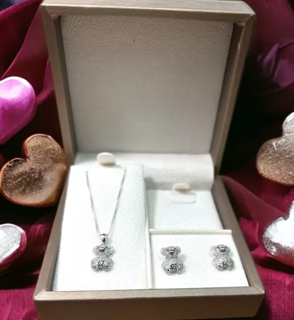 925 Solid Sterling Silver Teddy Bear CZ Set With Necklace Pendant Earrings Gift