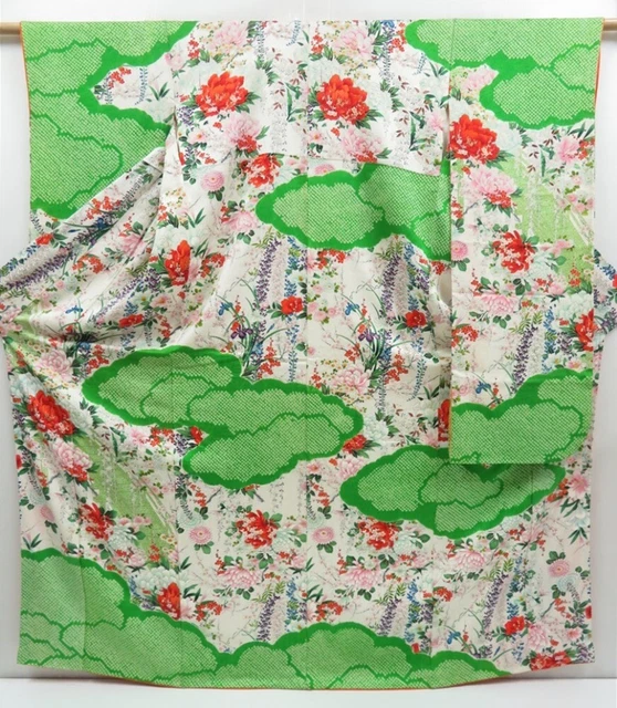 3217T02z1090 Vintage Japanese Kimono Silk FURISODE Peony Off-white