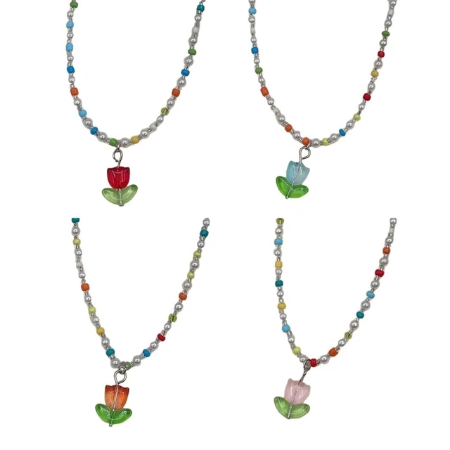 Flower Pendant Necklace Dainty Bead Chain Christmas Anniversary Jewelry