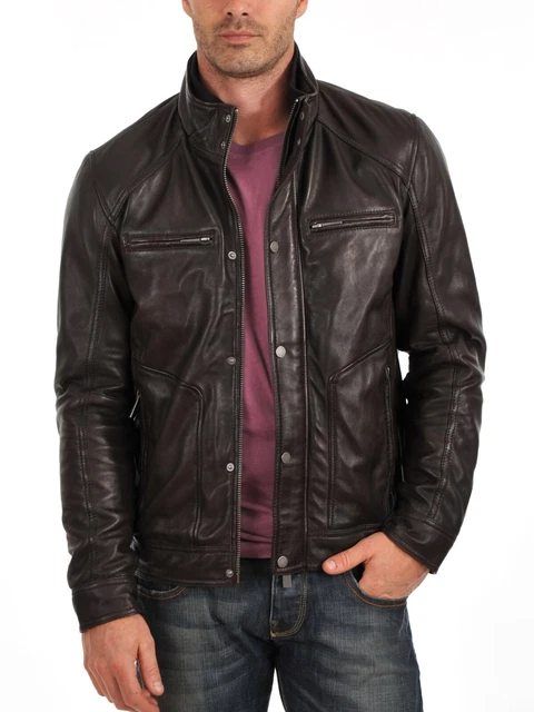 NEW Stylish Men's Genuine Lambskin Leather Dark Brown Slim Fit Jacket