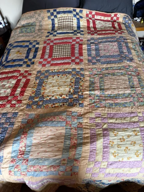 Antique 9 Nine Patch Quilt Feed Sack Material Vintage  90x72