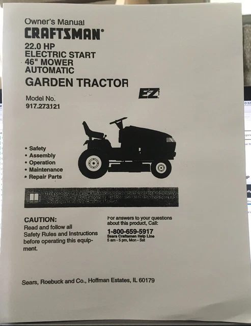 OWNER S MANUAL SEARS Craftsman 22 HP Garden Tractor 46 Mower