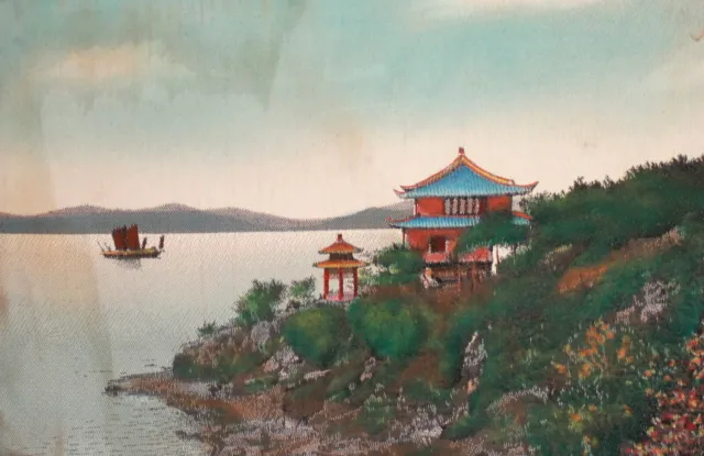 Antikes asiatisches Aquarellgemälde, Landschaftshaus an der Küste, signiert