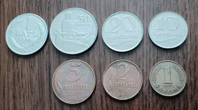 7 Latvian Coins - Silver 1 Lats,50,20,10,5,2 & 1 Santims  GOOD CONDITION.