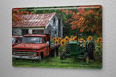 Retro Tin Sign Tractor Factory old farmhouse with classic cars Metal Plate 8X12