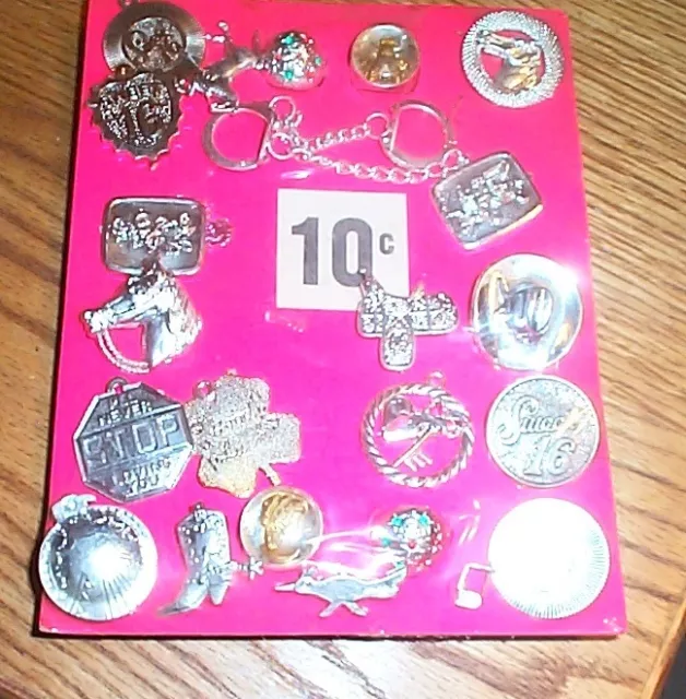 Vintage display card 10c Charms key chains pins  #z21