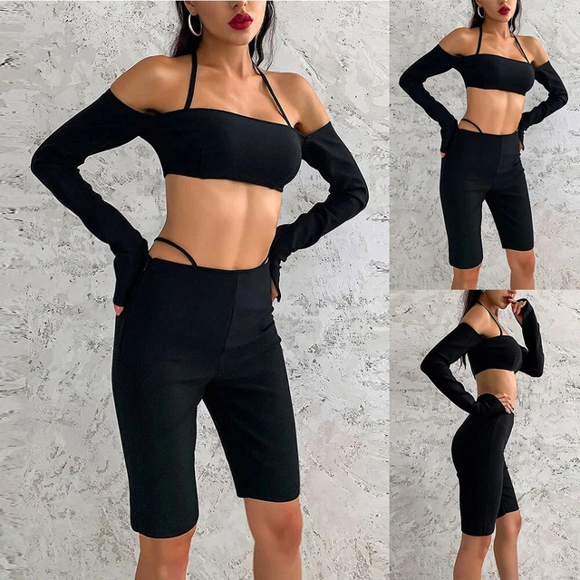 Top+pantaloncini donna outfit maniche lunghe leggero stretch outdoor nero set palestra